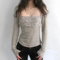 Grey Lace Trim Long Sleeve Coquette Top