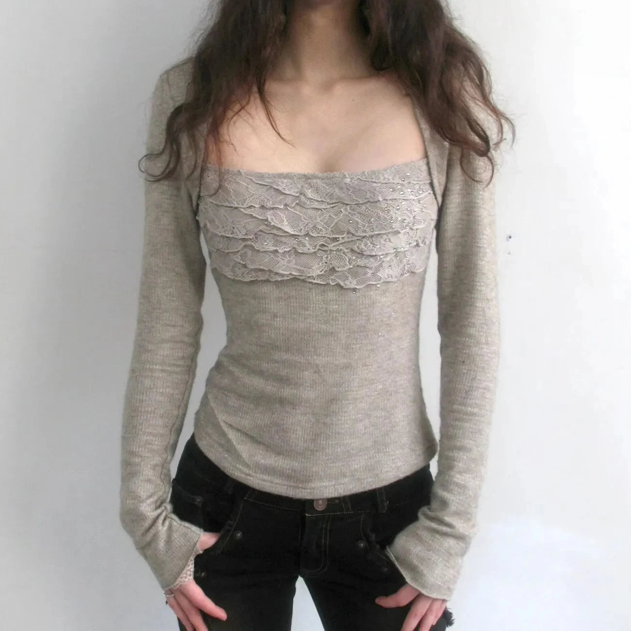 Grey Lace Trim Long Sleeve Coquette Top