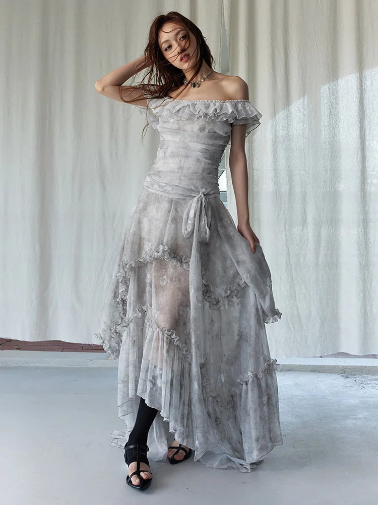 Light Gray Watercolor Ruffles Long Dress