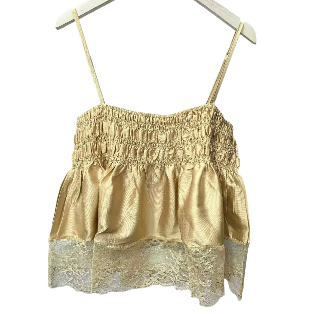 Sweet Summer New Arrival Silk Satin Lace Trim Halter Vest Lightweight Luxury Pleated Design Fresh And Delicate Style for Women