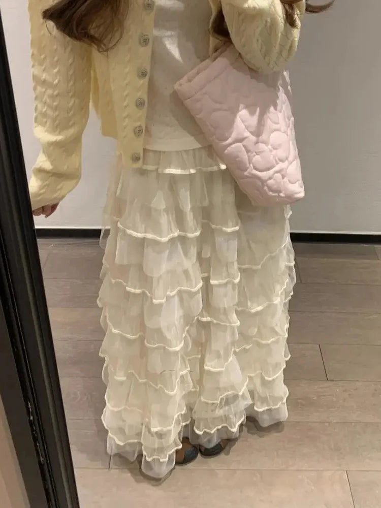 Mesh Sweet Cake Long Skirt Women Vintage High Waist Ruffles Loose Skirts French Retro Casual Spring Elegant Solid Long Skirts