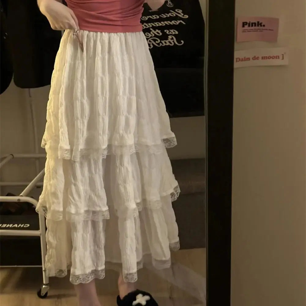 Black Long Ruffle Lace Skirt