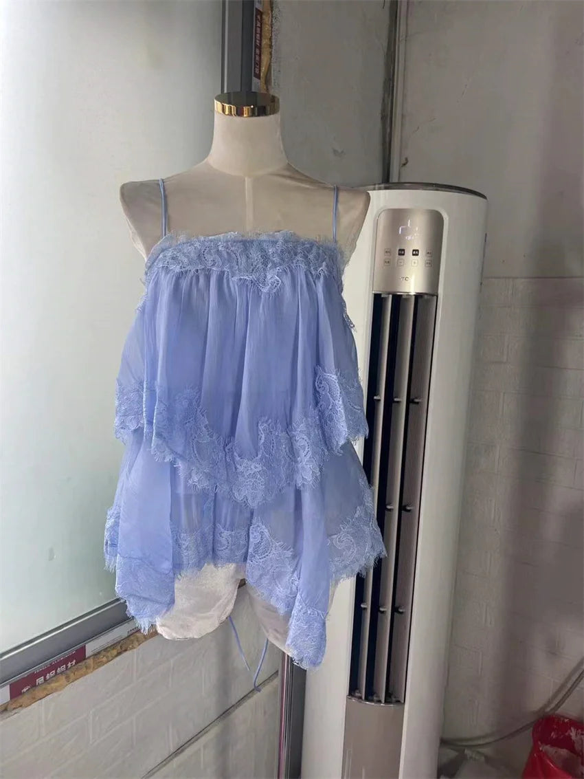 High Quality 2026 Women Lace Trim Tiered Chiffon Cami Top Spaghetti Strap Loose Babydoll Blouse