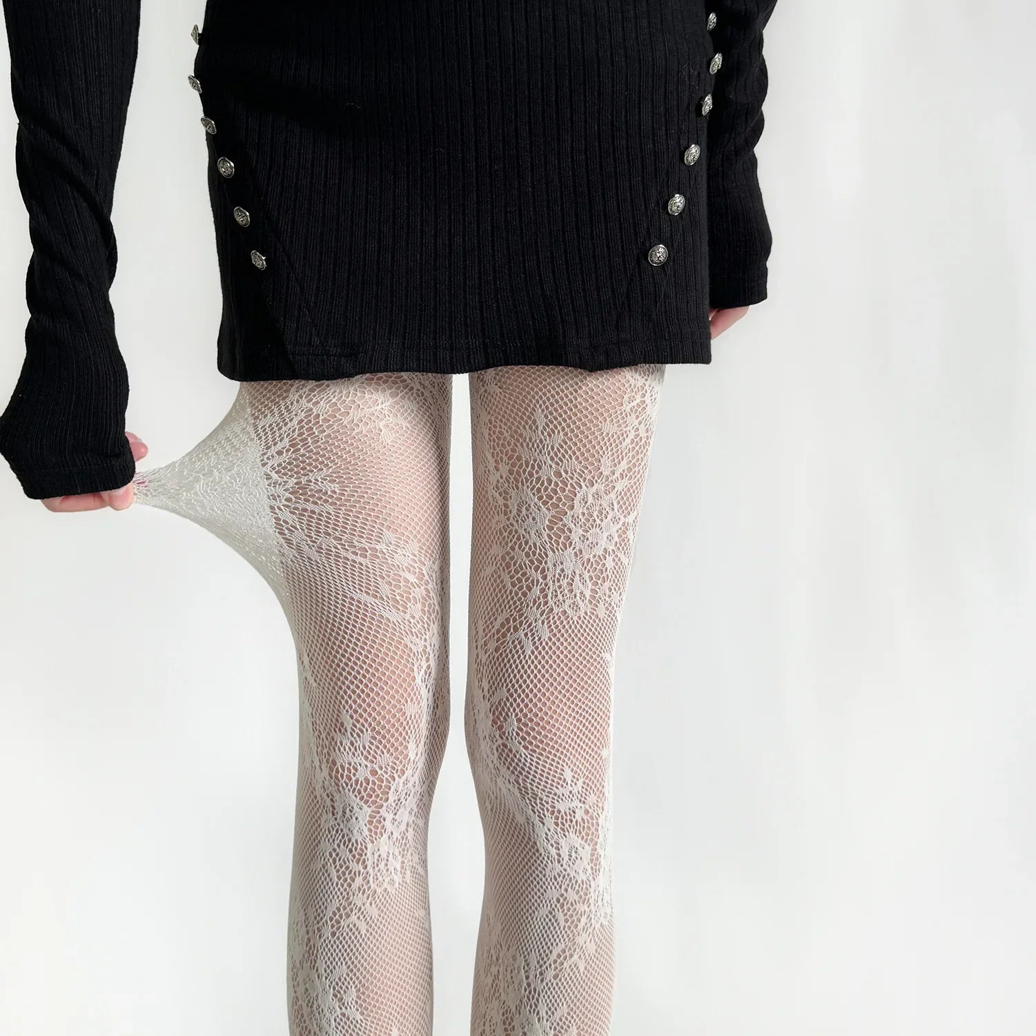 White and Black Floral Lace Mesh Stockings