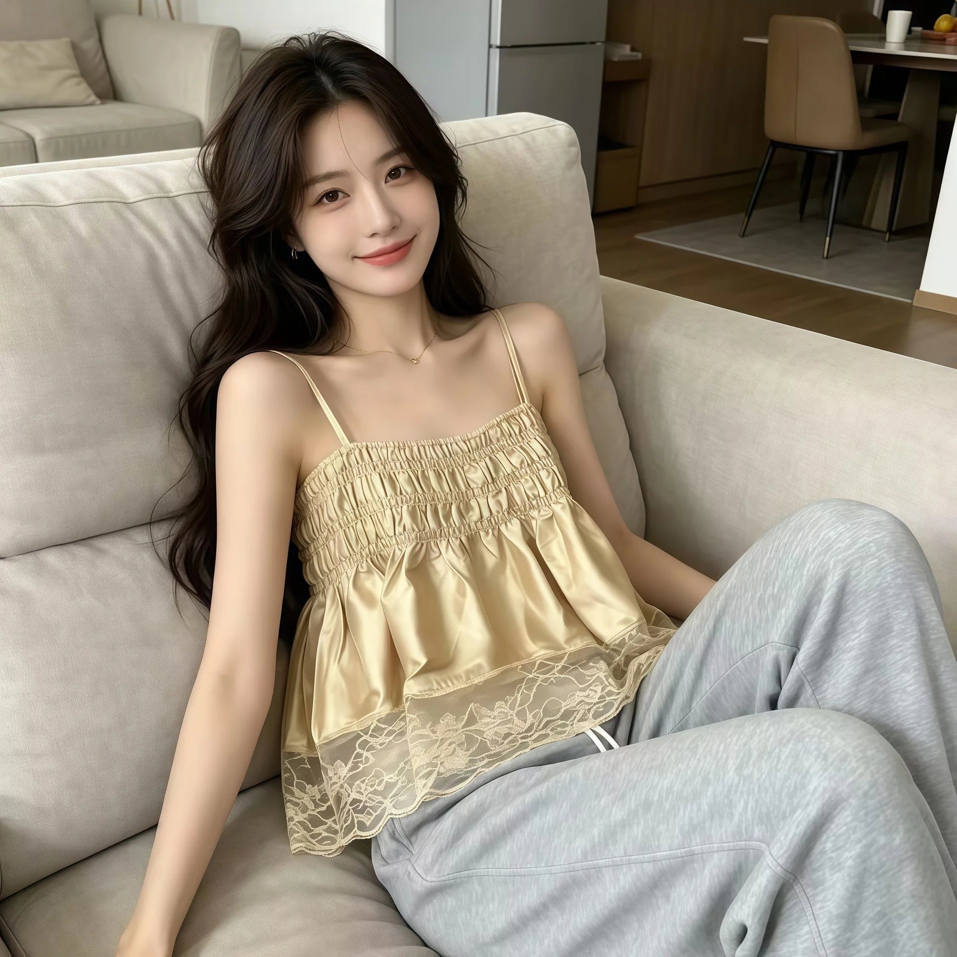 Sweet Summer New Arrival Silk Satin Lace Trim Halter Vest Lightweight Luxury Pleated Design Fresh And Delicate Style for Women
