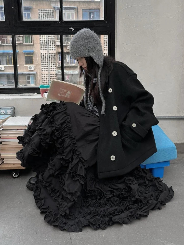 Gothic Dark Grey Ruffles Long Skirt