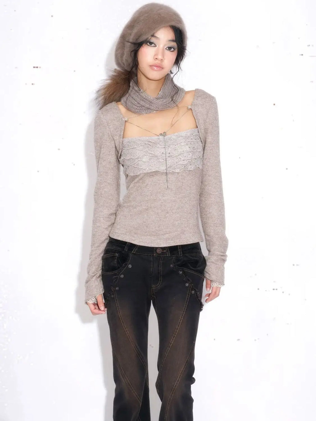Grey Lace Trim Long Sleeve Coquette Top