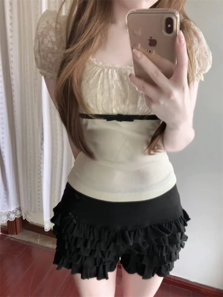 Vintage Square Neck Lace Trim Shirt