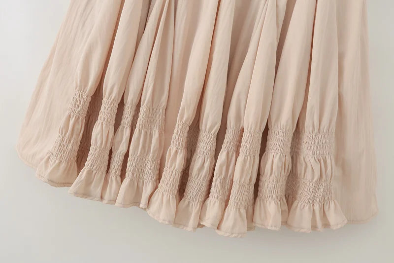French Vintage Romantic Ruffled Smocked Panel Midi Skirt