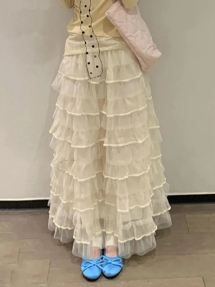 Mesh Sweet Cake Long Skirt Women Vintage High Waist Ruffles Loose Skirts French Retro Casual Spring Elegant Solid Long Skirts