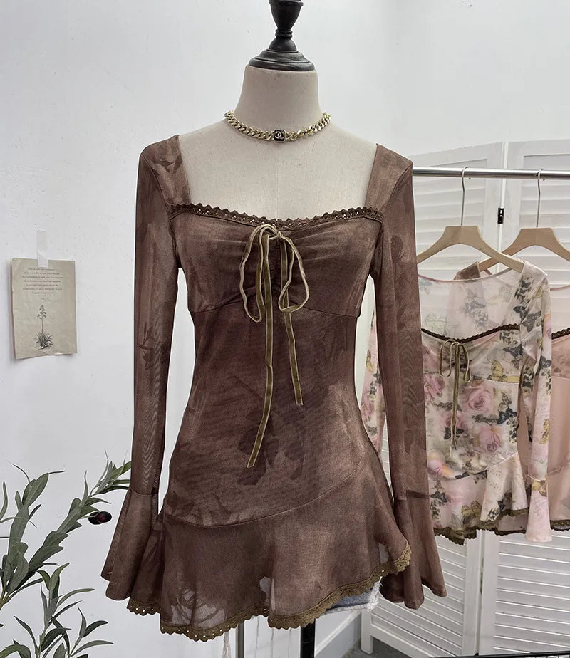 Vintage Square Collar Flare Sleeve Asymmetrical Top