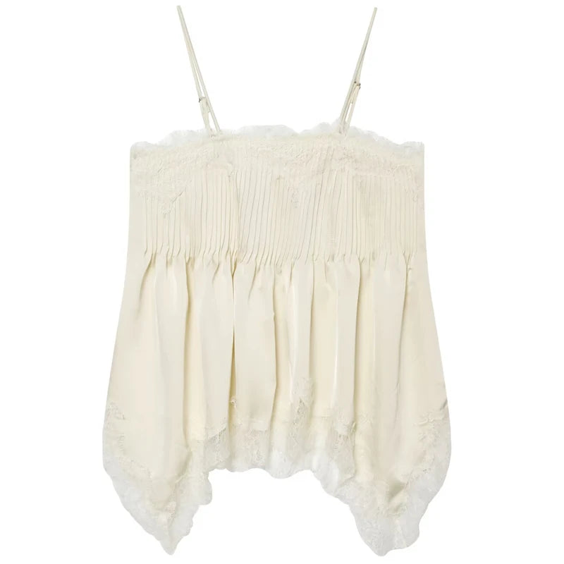 HXAO Satin Lace Slip Top Women Summer Sexy Cropped Off White Ruffled Tank Top Elegant Sleeveless Backless Camisole Vacation Vest