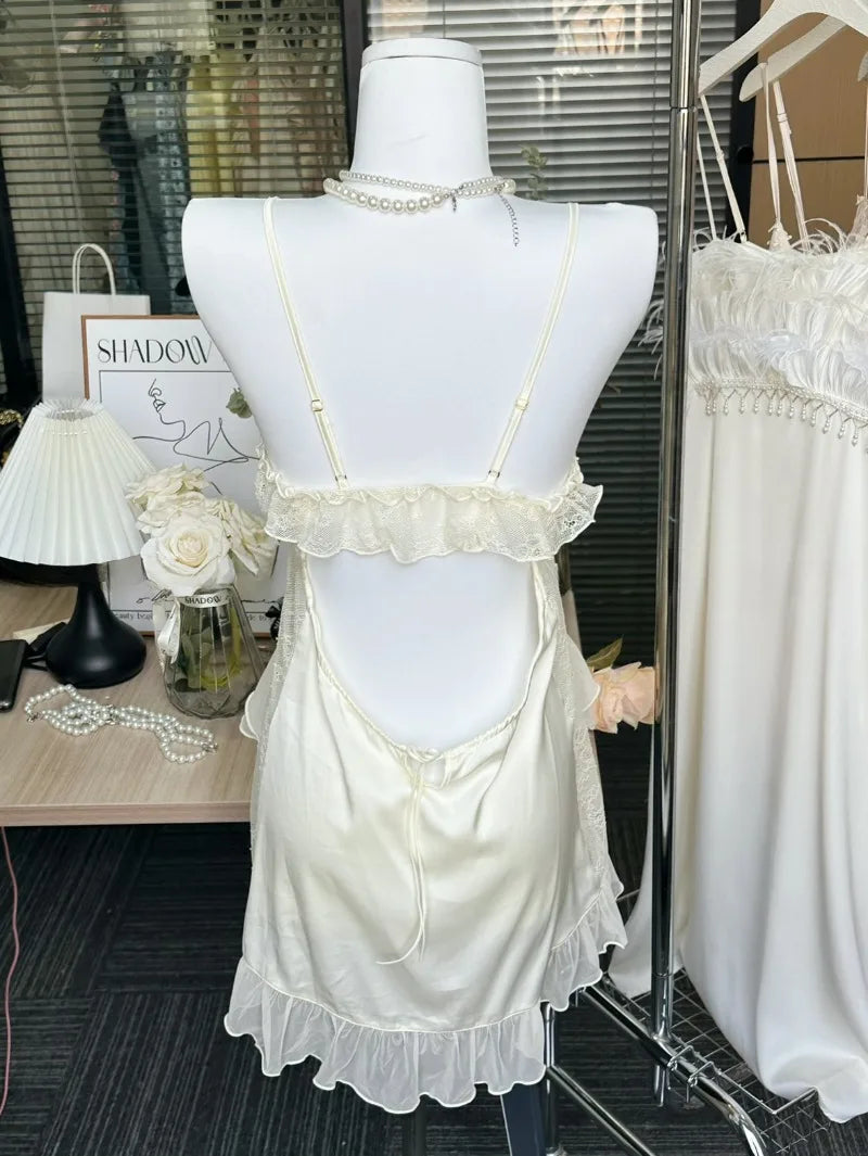 with Chest Pad Nightgown Wedding Lace Guaze Sling Nightdress Women Sexy Pajamas Sleepwear Bride Bridesmaid Casual Home Clothes