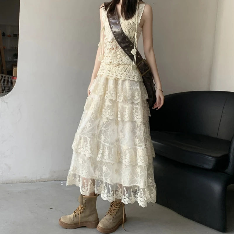 Mid Long Skirt Womens Crochet Lace Skirt 2025 Goth Lolita Spring Summer High Waisted High Low Ruched Ruffle Pleated Skirts rok
