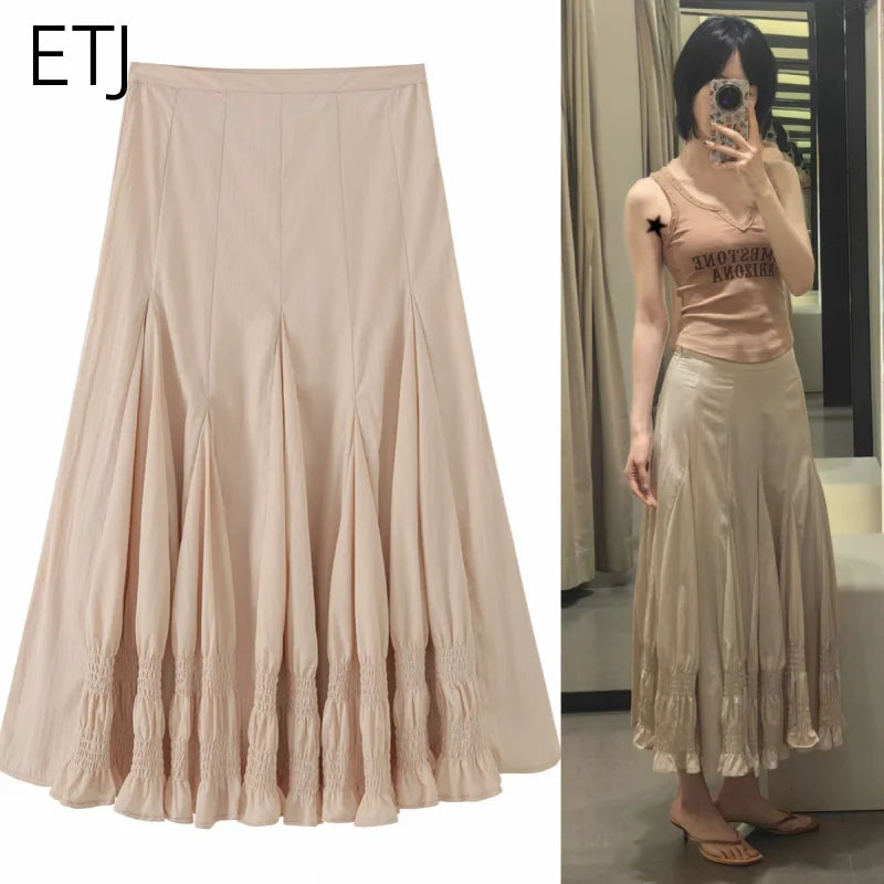 French Vintage Romantic Ruffled Smocked Panel Midi Skirt