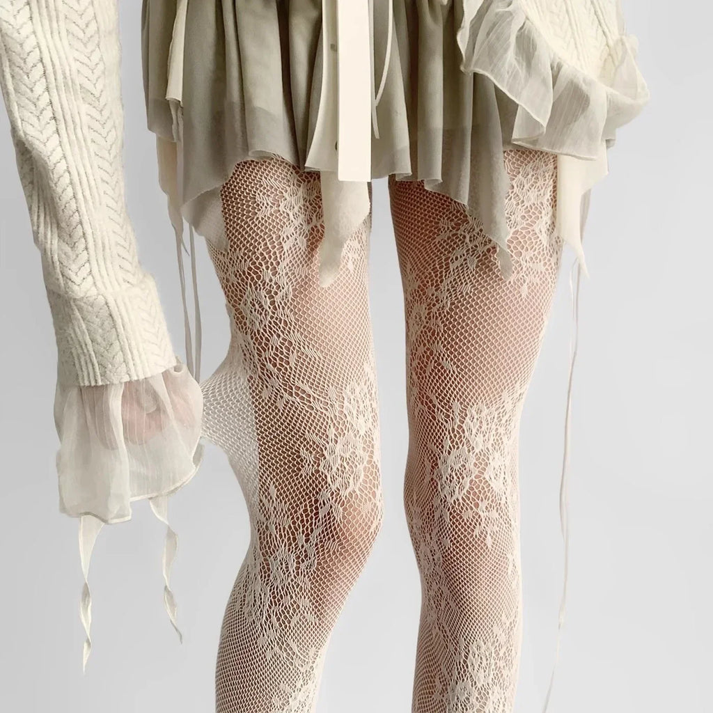 White and Black Floral Lace Mesh Stockings