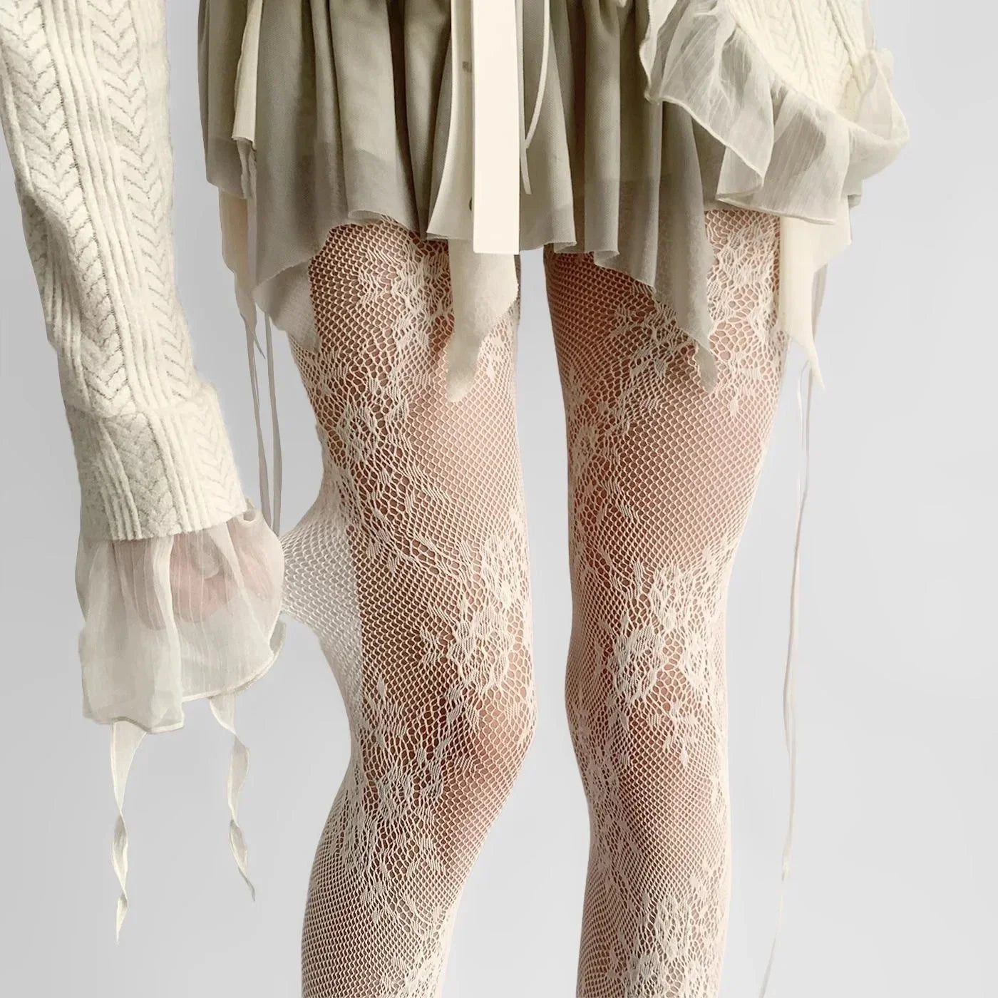 White and Black Floral Lace Mesh Stockings