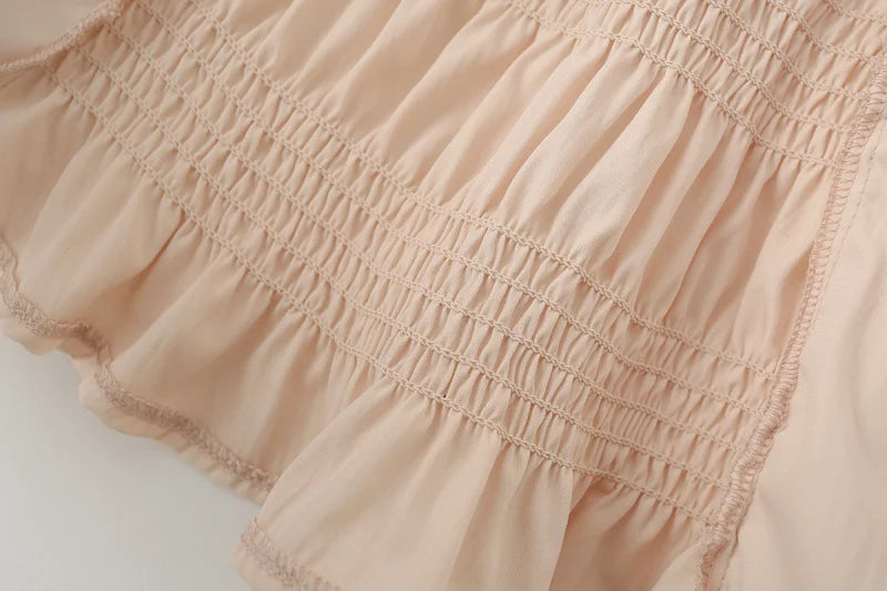 French Vintage Romantic Ruffled Smocked Panel Midi Skirt