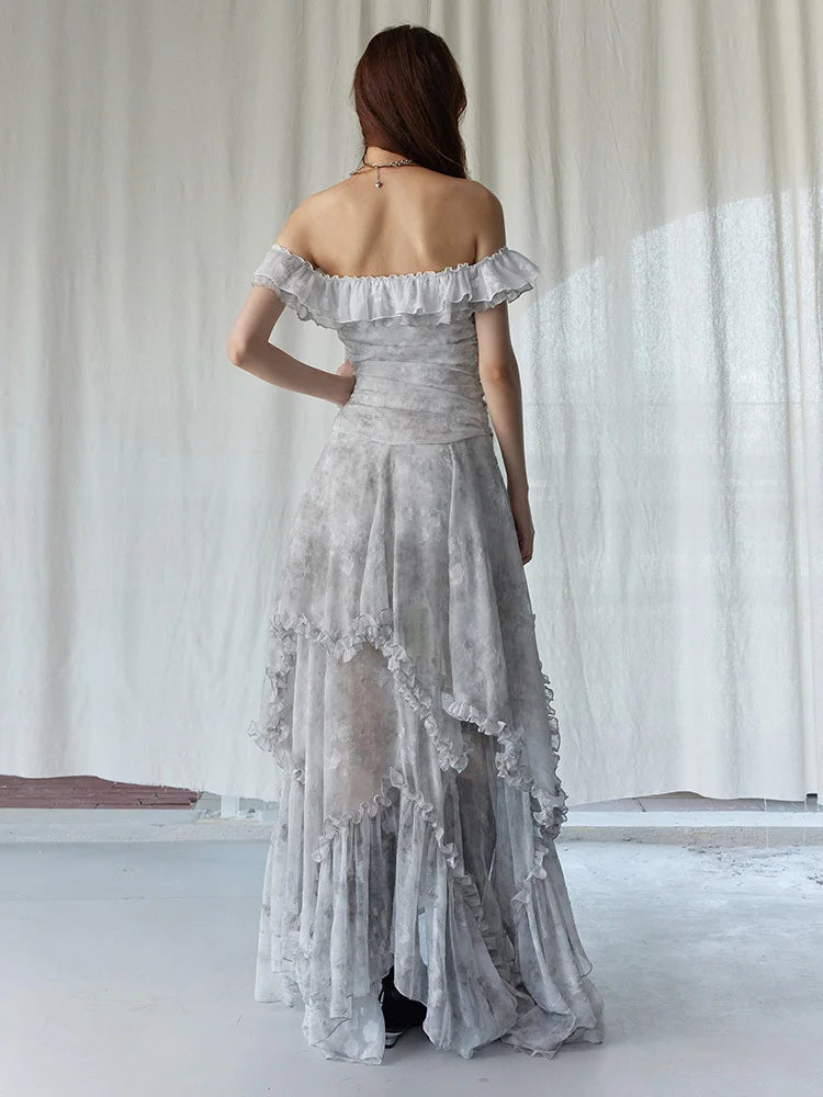 Light Gray Watercolor Ruffles Long Dress