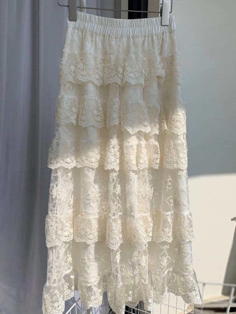 Mid Long Skirt Womens Crochet Lace Skirt 2025 Goth Lolita Spring Summer High Waisted High Low Ruched Ruffle Pleated Skirts rok