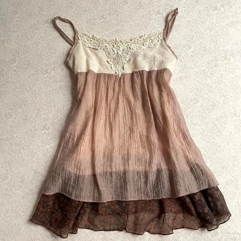 Vintage Dusty Pink Lace Long-Sleeved Top (2-Piece Set)