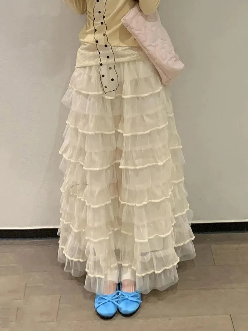 Mesh Sweet Cake Long Skirt Women Vintage High Waist Ruffles Loose Skirts French Retro Casual Spring Elegant Solid Long Skirts