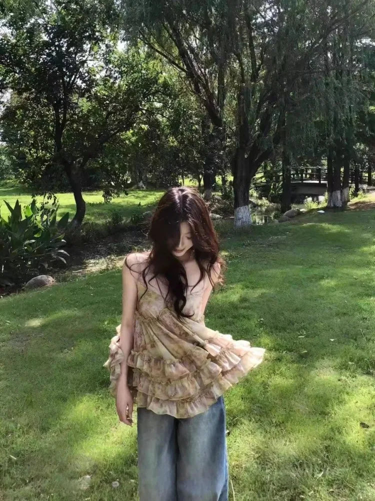Ezgaga Tank Tops Women Floral Printed Ruffles Patchwork Backless Sweet Fashion Y2k Vintage Ladies Casual Camisole Club