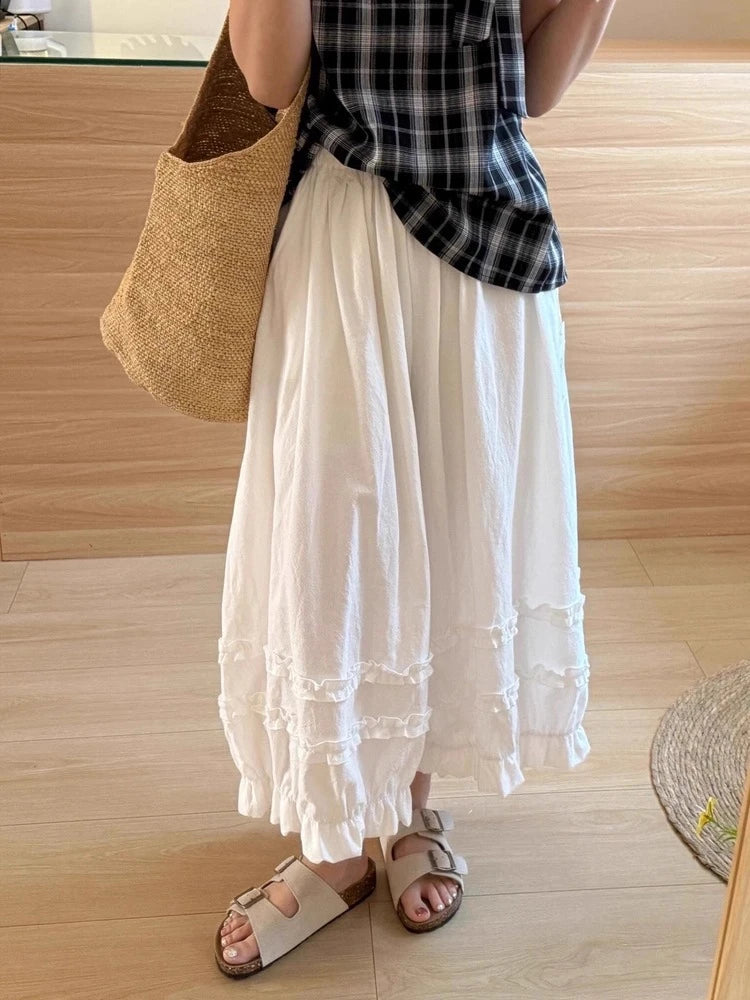 Lace Trim White Lantern Pants for Women Spring Summer Loose Elastic High Waist Wide Leg Trouser Female Ankle Length Casual Pants