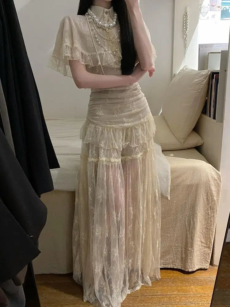 2026 Summer French Lace Cape Ruffle Blouse Ruched Lace Maxi Skirt Two Piece Set Elegant Slim Fit Casual Daily Vacation Outfit
