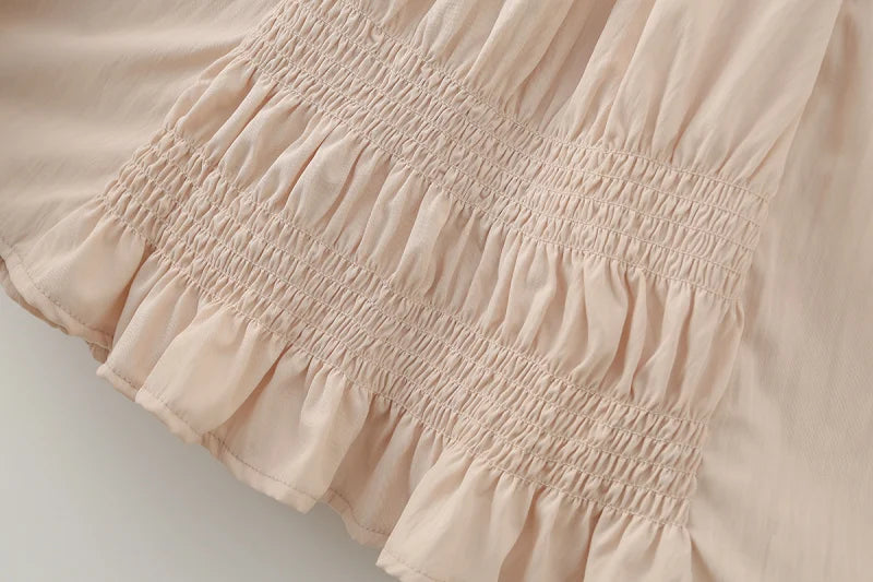 French Vintage Romantic Ruffled Smocked Panel Midi Skirt
