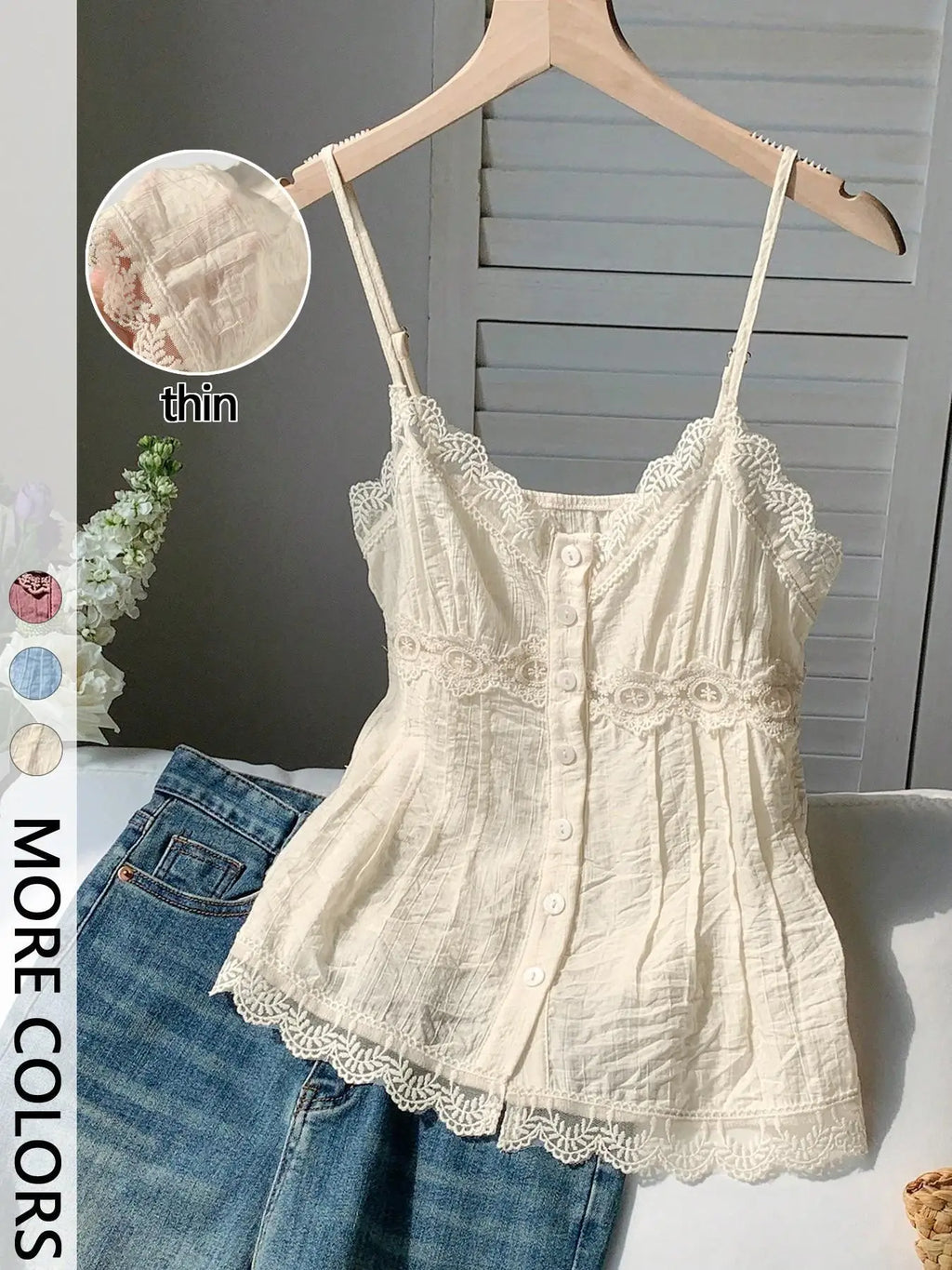 Ladies Lace Trim Pleated Texture Halter Vest V-Neck Design Adjustable Thin Straps One Piece