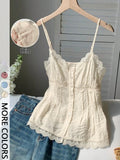 Ladies Lace Trim Pleated Texture Halter Vest V-Neck Design Adjustable Thin Straps One Piece