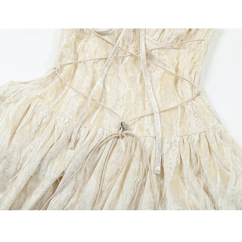 Fashion Irregular V-Neck Women Slim Suspender One-Piece Summer A-Line Tie Up Gothic Y2K Pleated Female Dress Bandage Design Chic