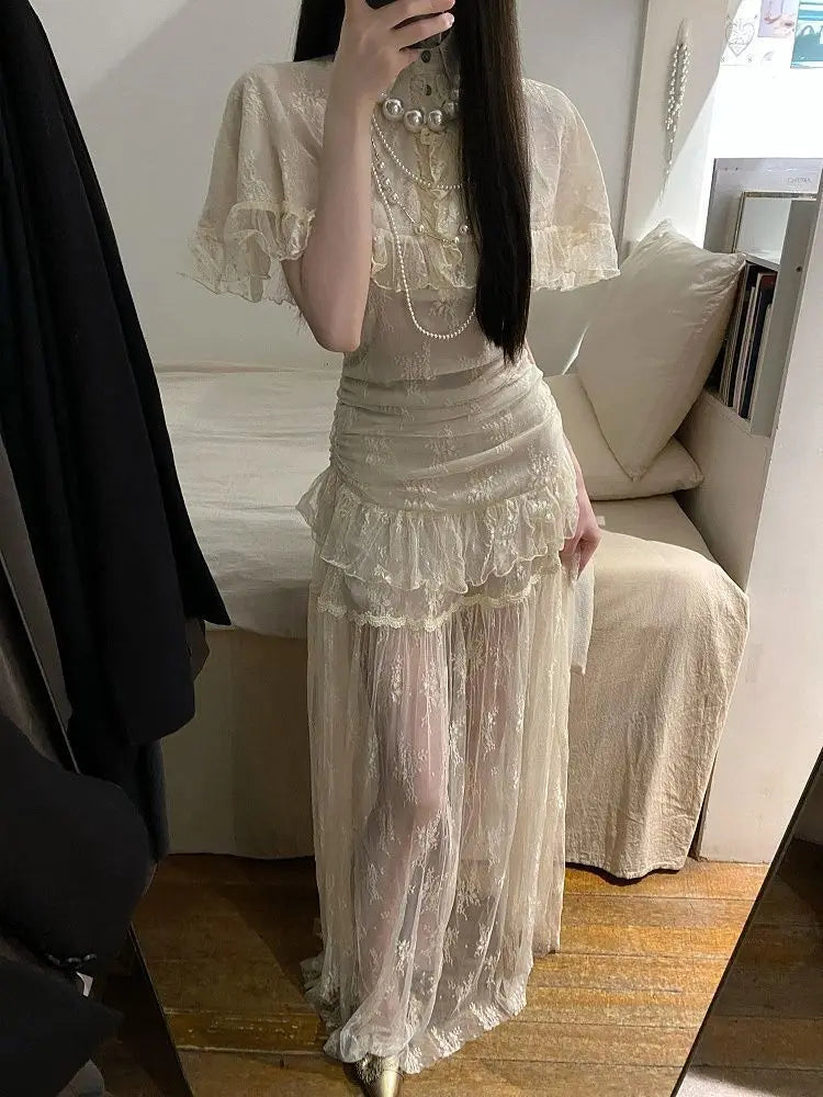 2026 Summer French Lace Cape Ruffle Blouse Ruched Lace Maxi Skirt Two Piece Set Elegant Slim Fit Casual Daily Vacation Outfit