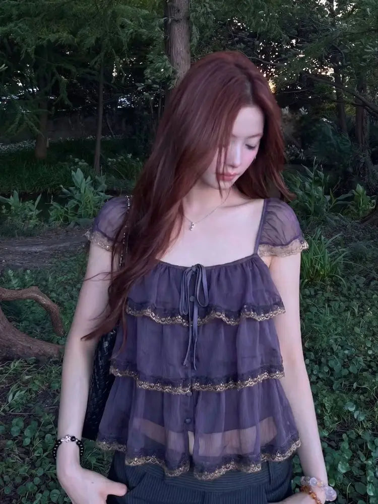 Purple Vintage Ruffles Square Collar Top