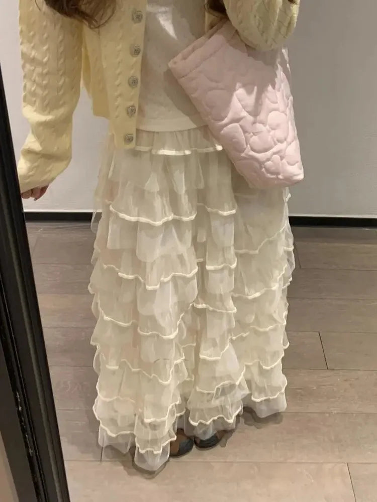 Mesh Sweet Cake Long Skirt Women Vintage High Waist Ruffles Loose Skirts French Retro Casual Spring Elegant Solid Long Skirts