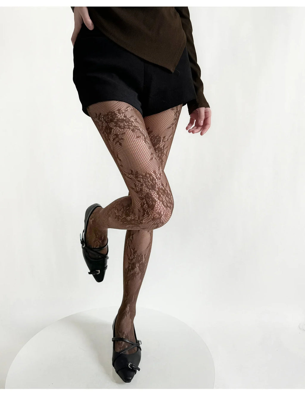 White and Black Floral Lace Mesh Stockings