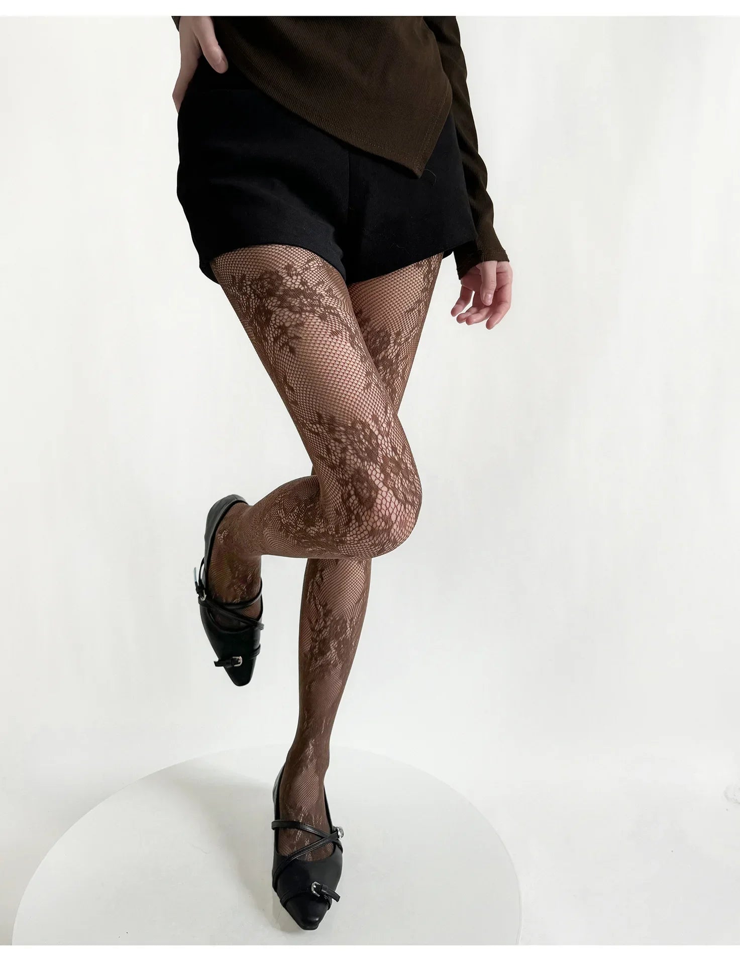 White and Black Floral Lace Mesh Stockings
