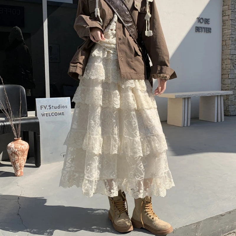 Mid Long Skirt Womens Crochet Lace Skirt 2025 Goth Lolita Spring Summer High Waisted High Low Ruched Ruffle Pleated Skirts rok