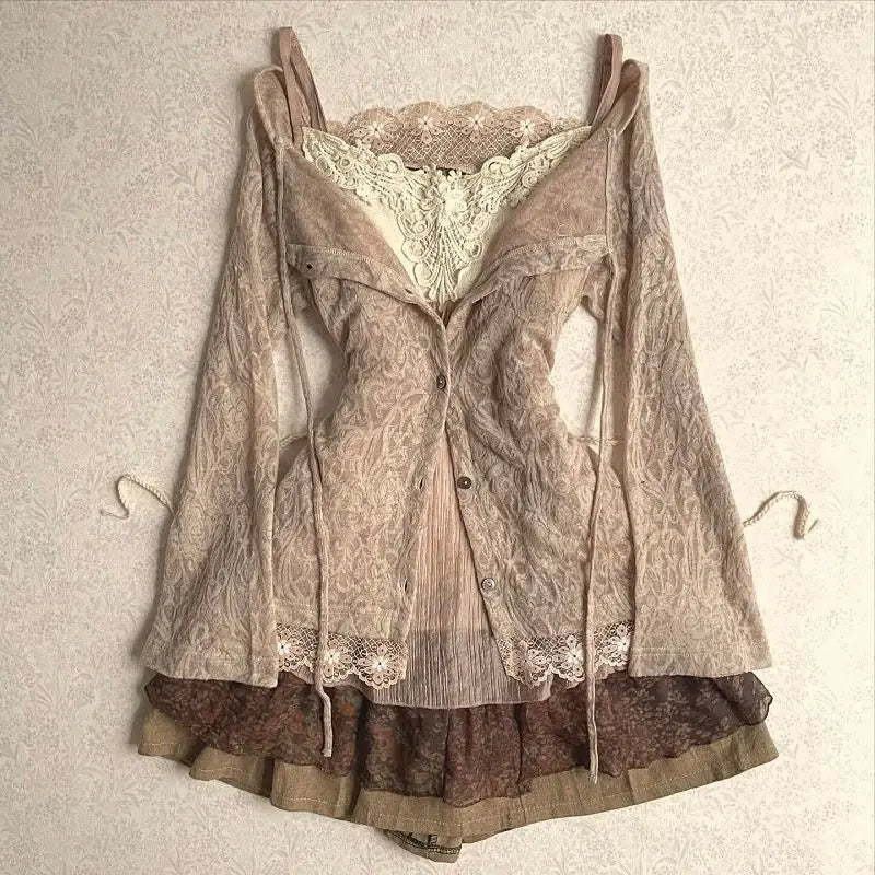 Vintage Dusty Pink Lace Long-Sleeved Top (2-Piece Set)