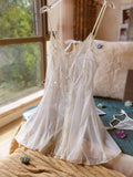 Sexy Mesh Ultra-thin Pajamas for Women's Sleepwear See Through Lace Front Open Suspender Transparent Nightdress Set with Panties