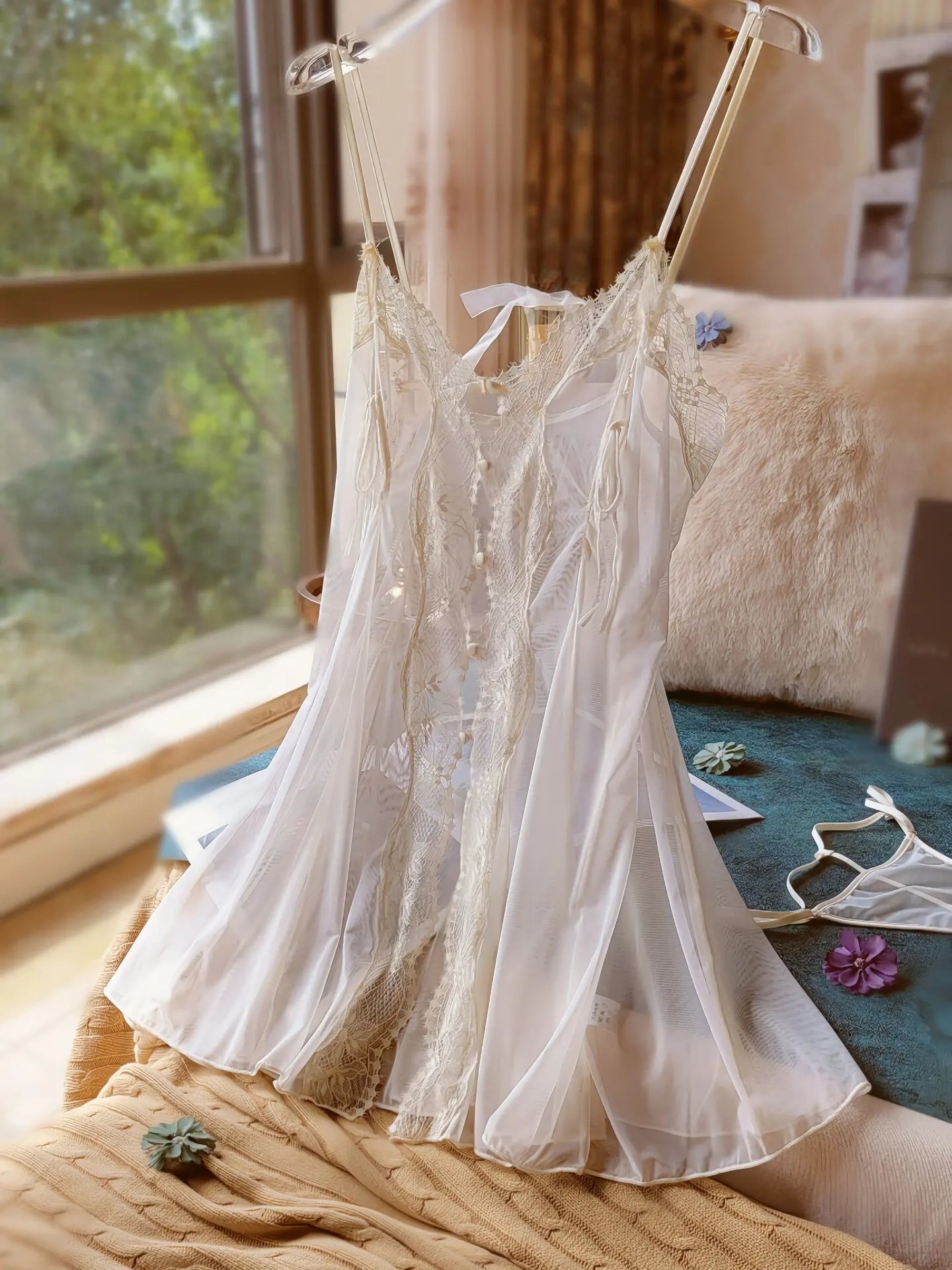 Sexy Mesh Ultra-thin Pajamas for Women's Sleepwear See Through Lace Front Open Suspender Transparent Nightdress Set with Panties