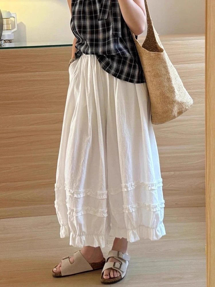 Lace Trim White Lantern Pants for Women Spring Summer Loose Elastic High Waist Wide Leg Trouser Female Ankle Length Casual Pants