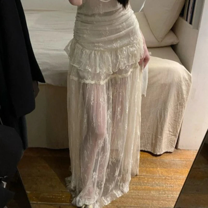 2026 Summer French Lace Cape Ruffle Blouse Ruched Lace Maxi Skirt Two Piece Set Elegant Slim Fit Casual Daily Vacation Outfit