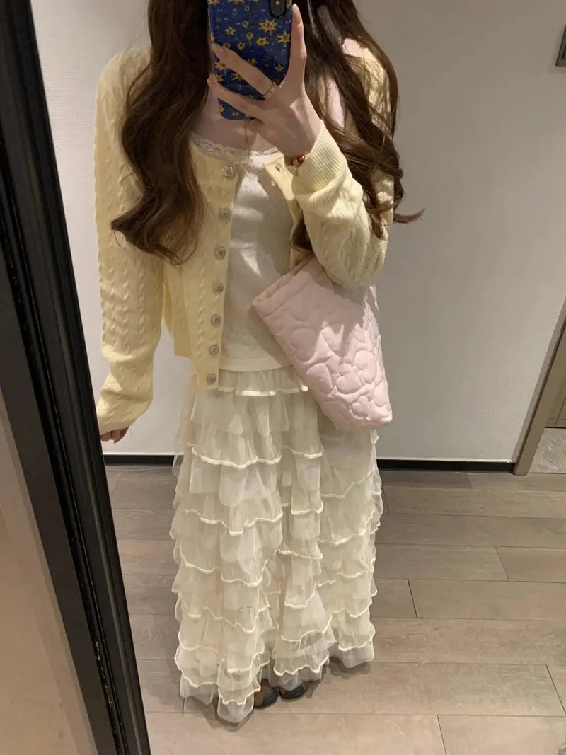 Mesh Sweet Cake Long Skirt Women Vintage High Waist Ruffles Loose Skirts French Retro Casual Spring Elegant Solid Long Skirts