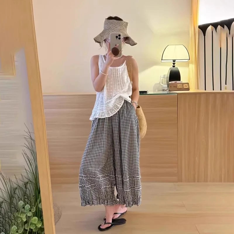 Lace Trim White Lantern Pants for Women Spring Summer Loose Elastic High Waist Wide Leg Trouser Female Ankle Length Casual Pants