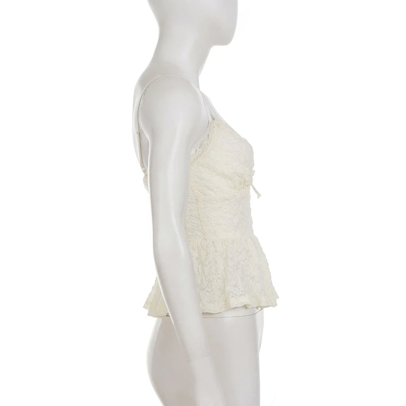 SUCHCUTE Lace Patchwork Bow Cami Tops Sexy V-neck sleeveless Tank Top Summer Vacation Camisole Y2k Backless Tanks Coquette  Chic
