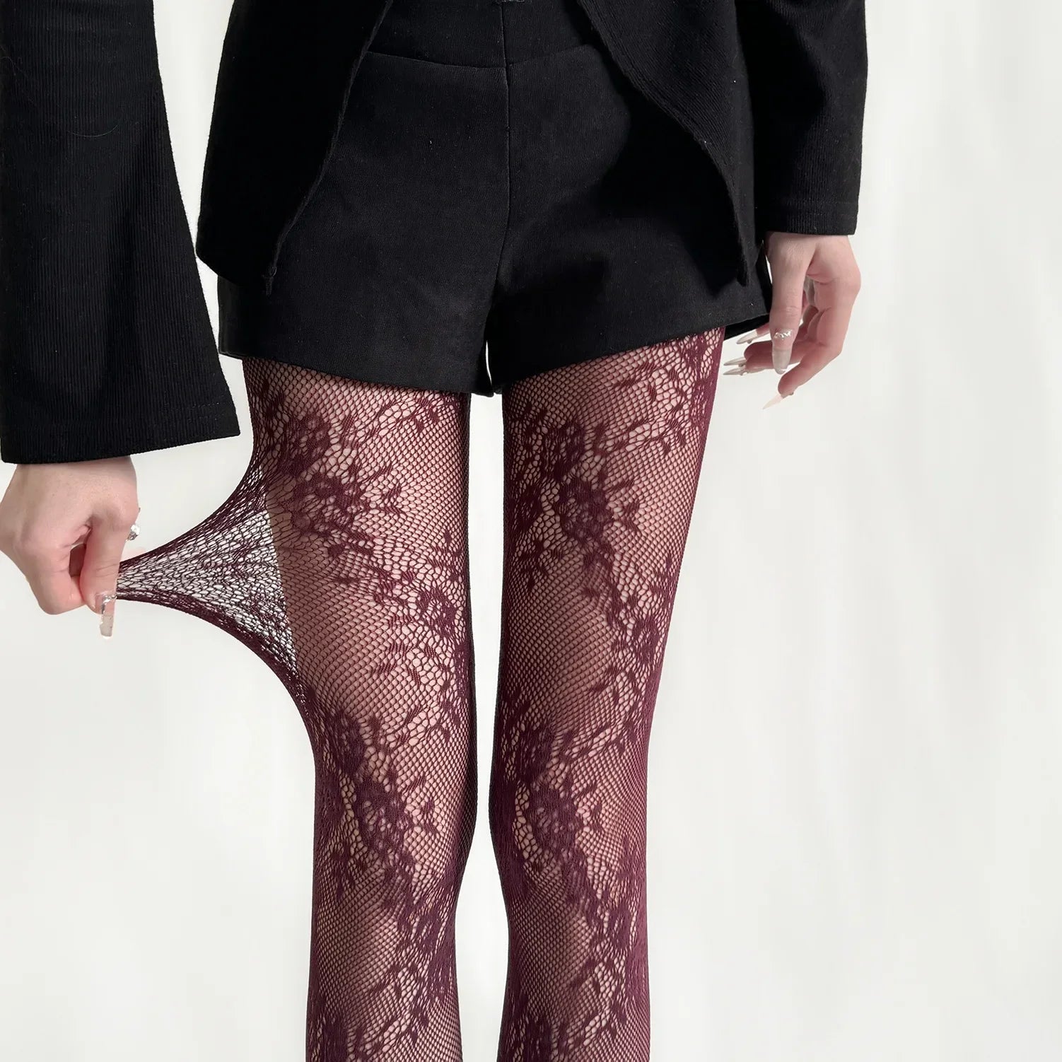 White and Black Floral Lace Mesh Stockings