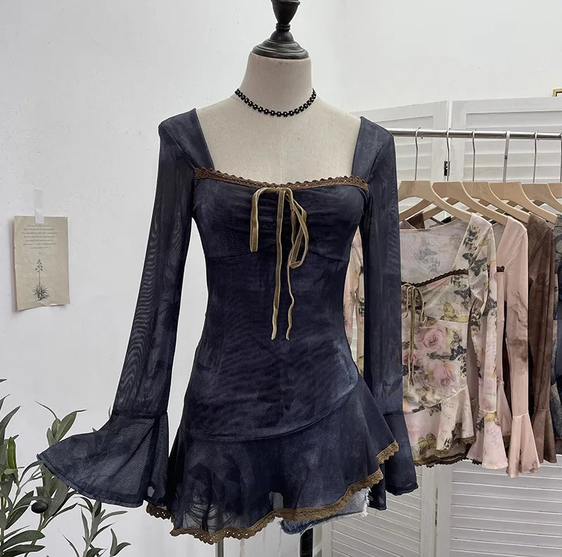Vintage Square Collar Flare Sleeve Asymmetrical Top