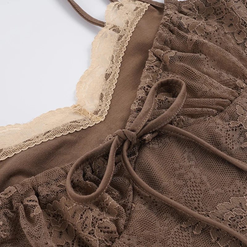 SUCHCUTE Brown Vintage Lace Trim Patchwork Faux-two-piece Top Y2k Spaghetti Strap Irregular Camisole Sexy Sleeveless Crop Tops